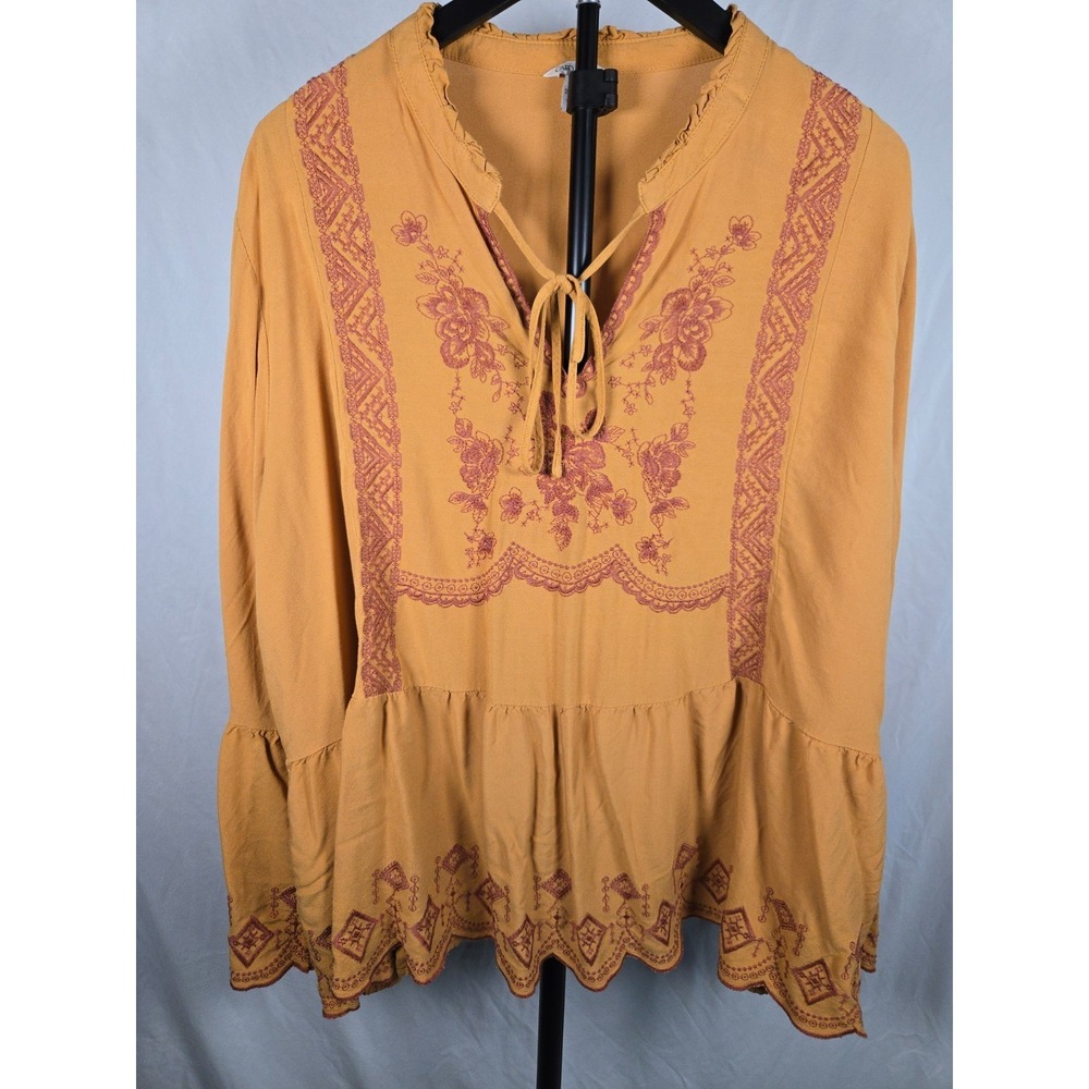 Spiced Orange Boho Embroidered Bell Sleeve Peasant Top Sz 26/28 Floral Hippie - Picture 4 of 15